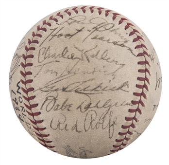 High Grade 1939 World Series Champion New York Yankees Team Signed OAL Harridge Baseball With DiMaggio (JSA)